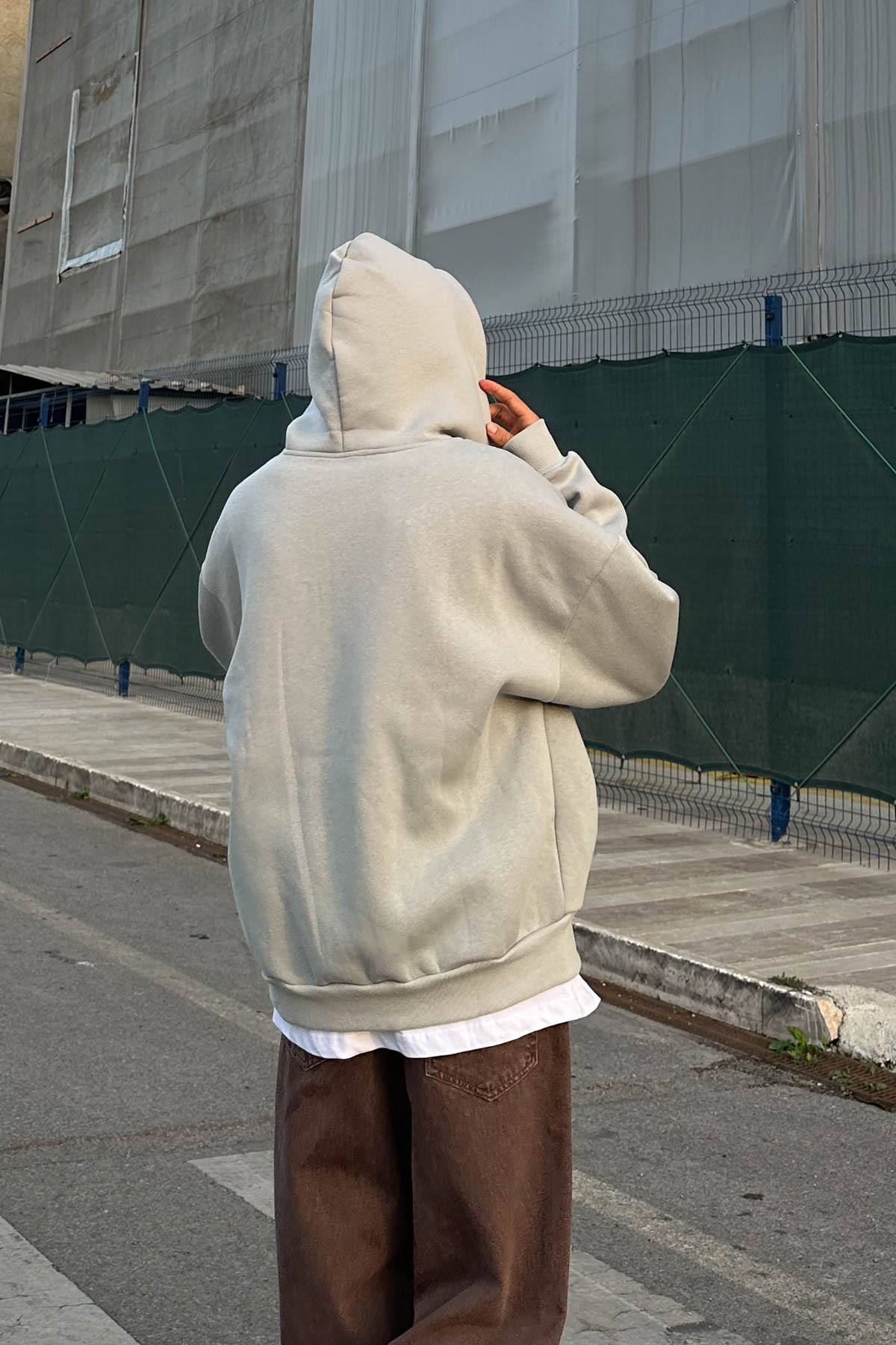 Outerspace Baskılı Gri Kapüşonlu Oversize Zip
