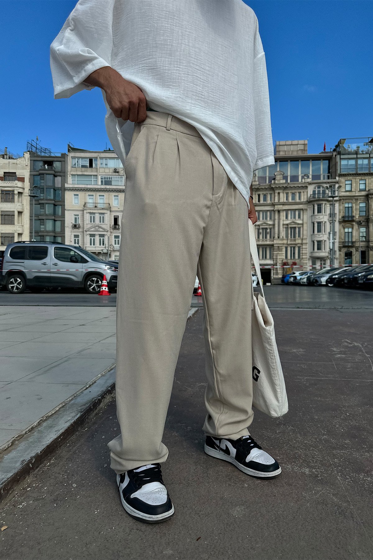 Basic Krem Kumaş Baggy Pantolon