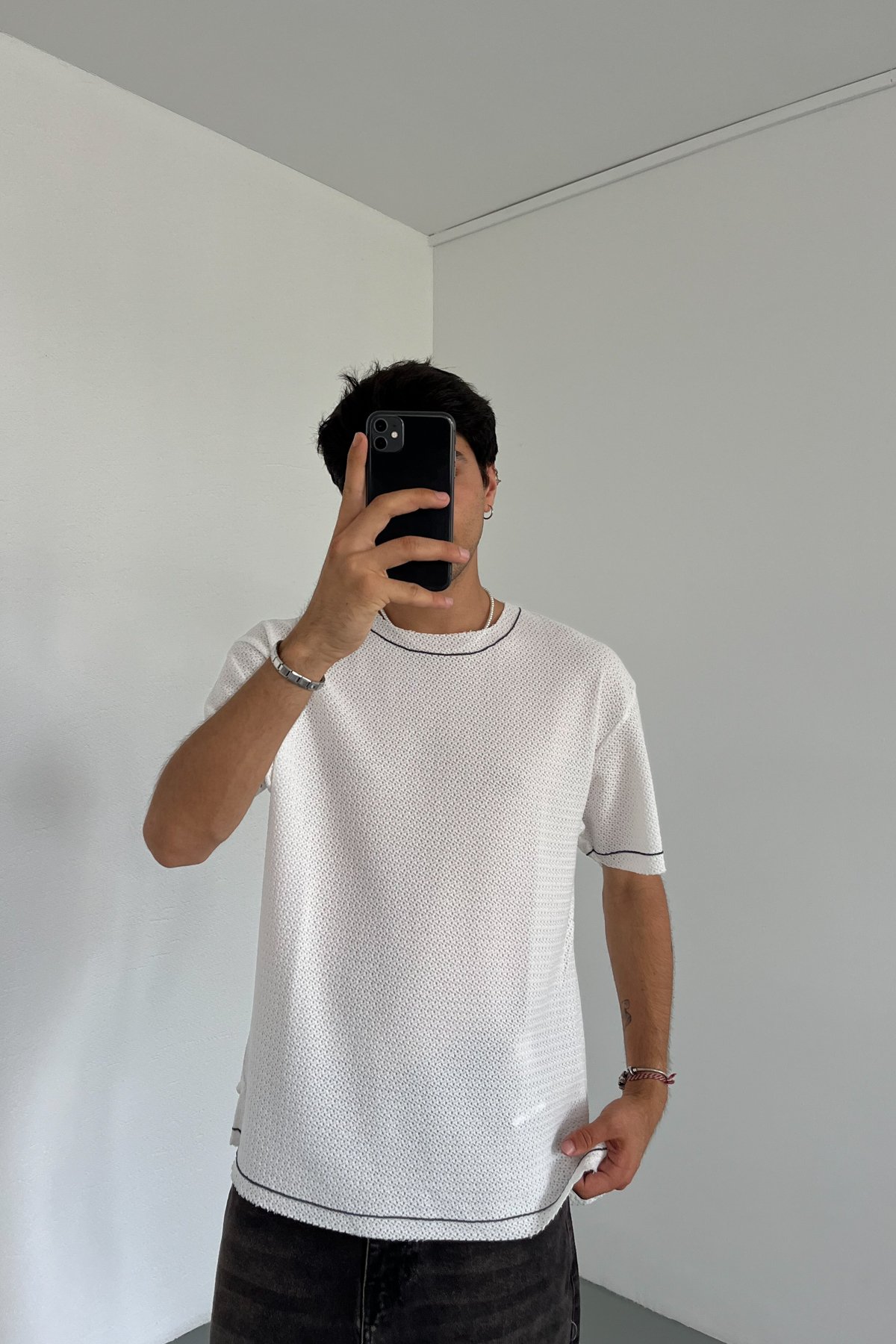 Şeritli Basic Kısa Kol T-shirt - Beyaz