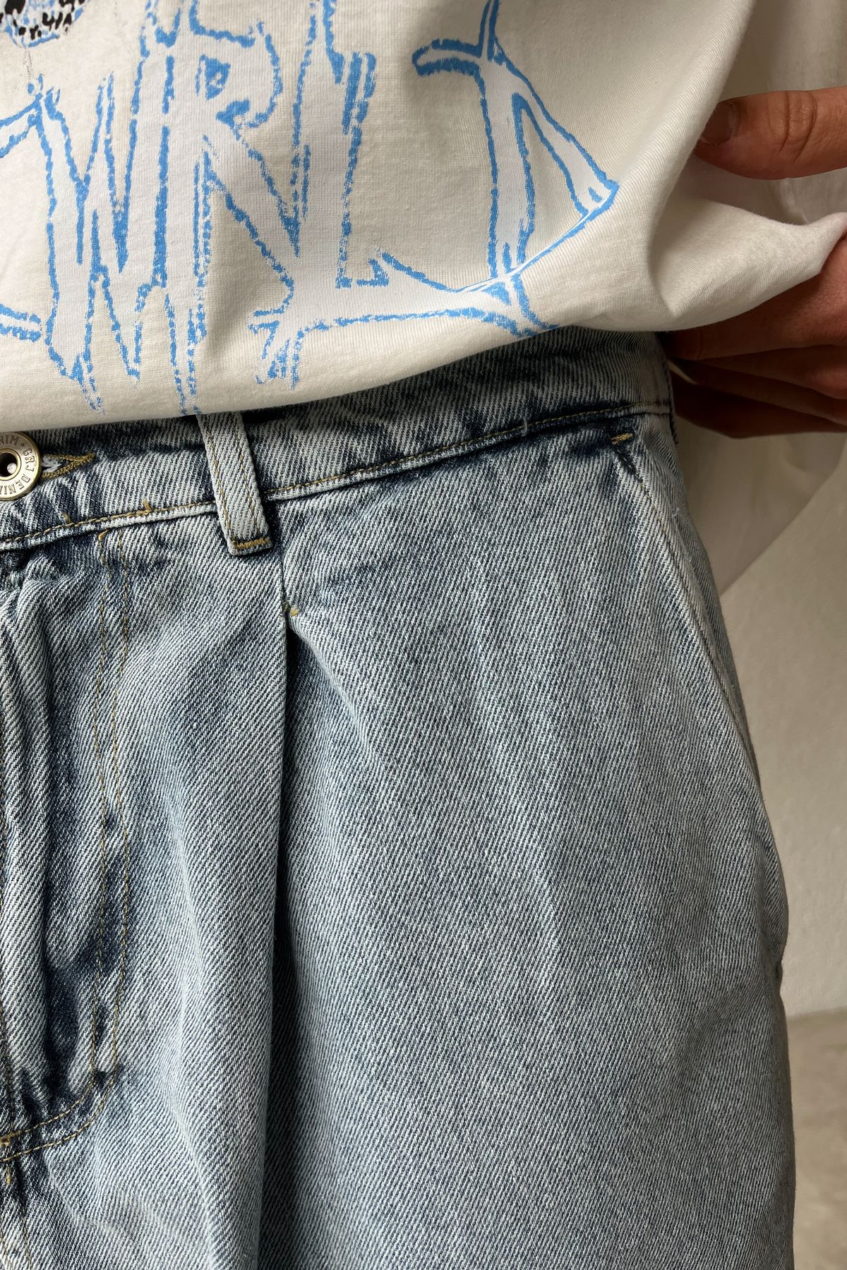 Paça Detaylı Baggy Jean Buz Mavi