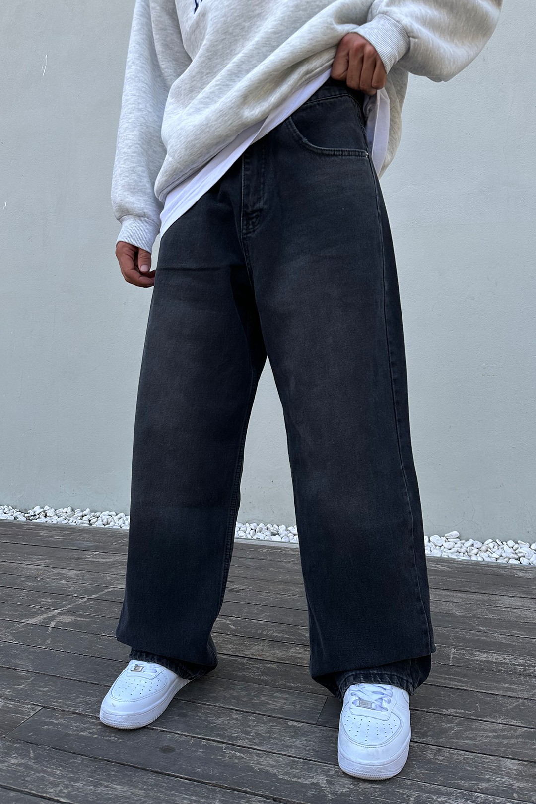 Line Siyah Baggy Jean Pantolon