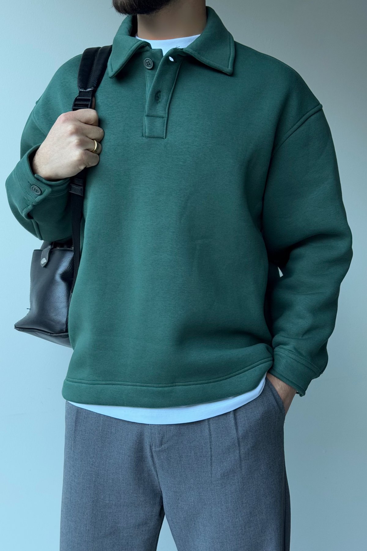 Polo Yaka Düğmeli Sweatshirt