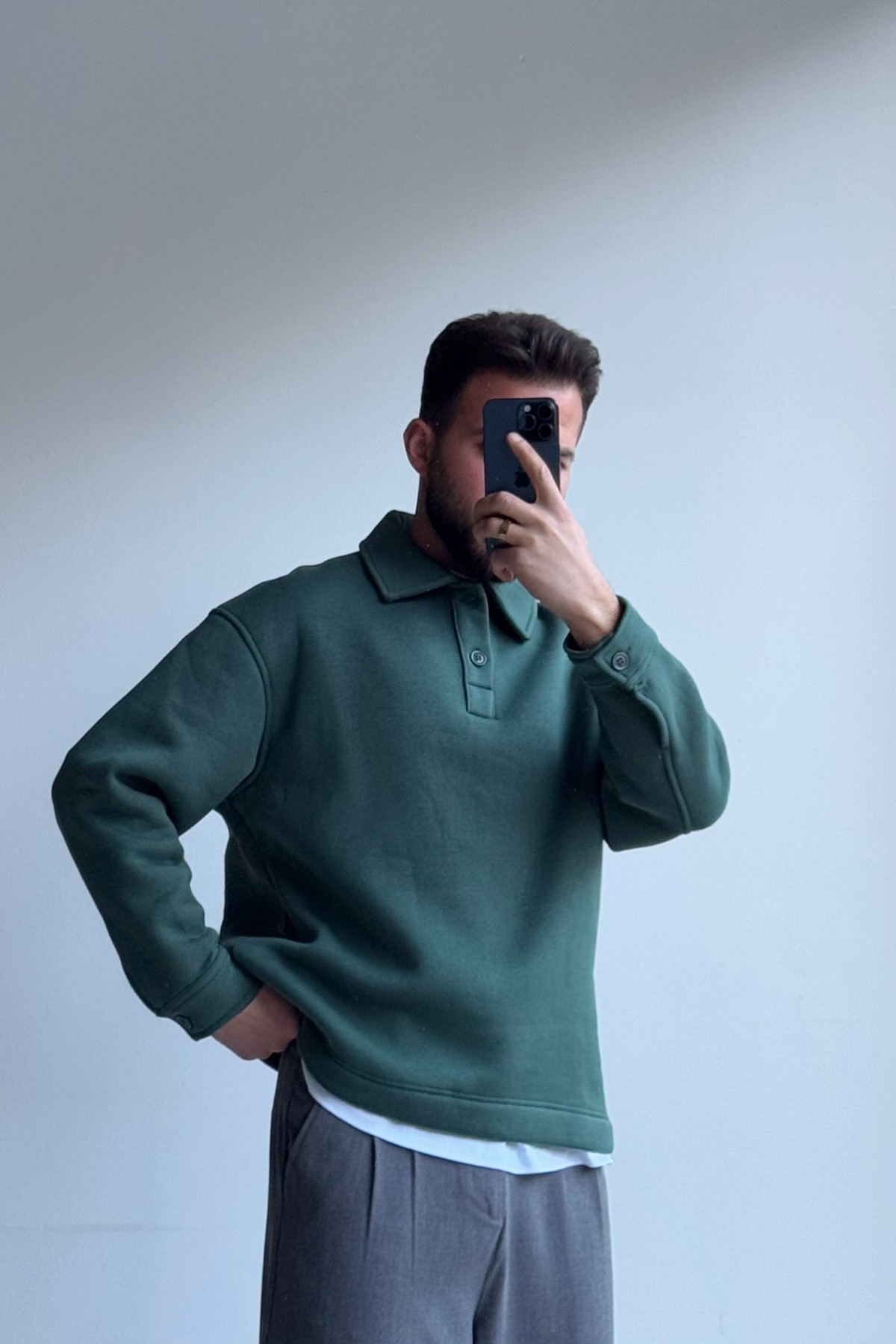 Polo Yaka Düğmeli Sweatshirt