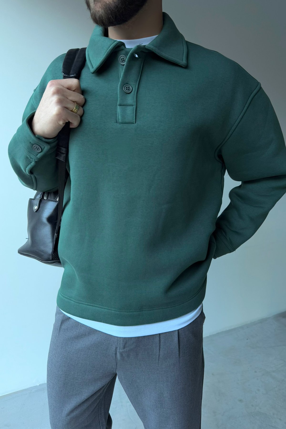 Polo Yaka Düğmeli Sweatshirt