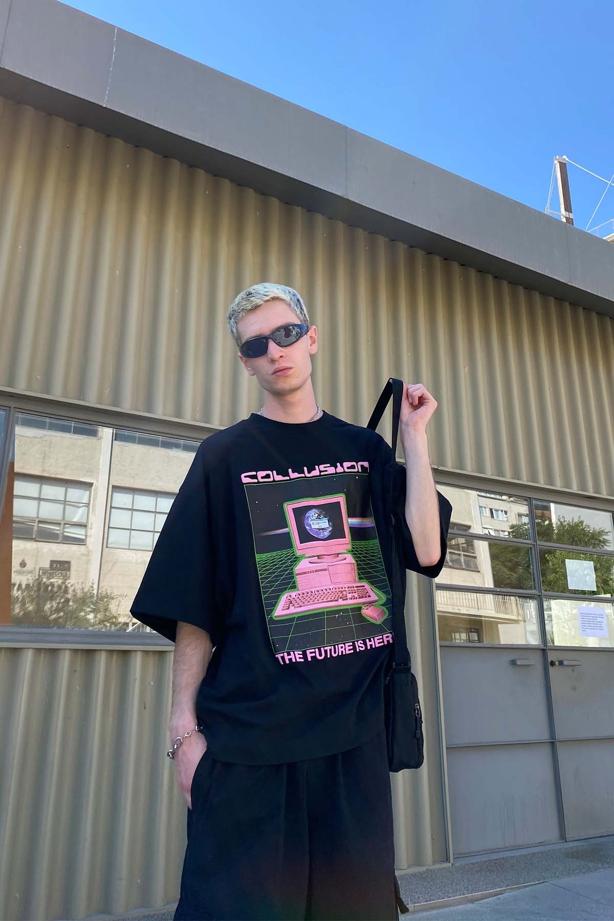 Collusıon Baskılı Siyah T-Shirt