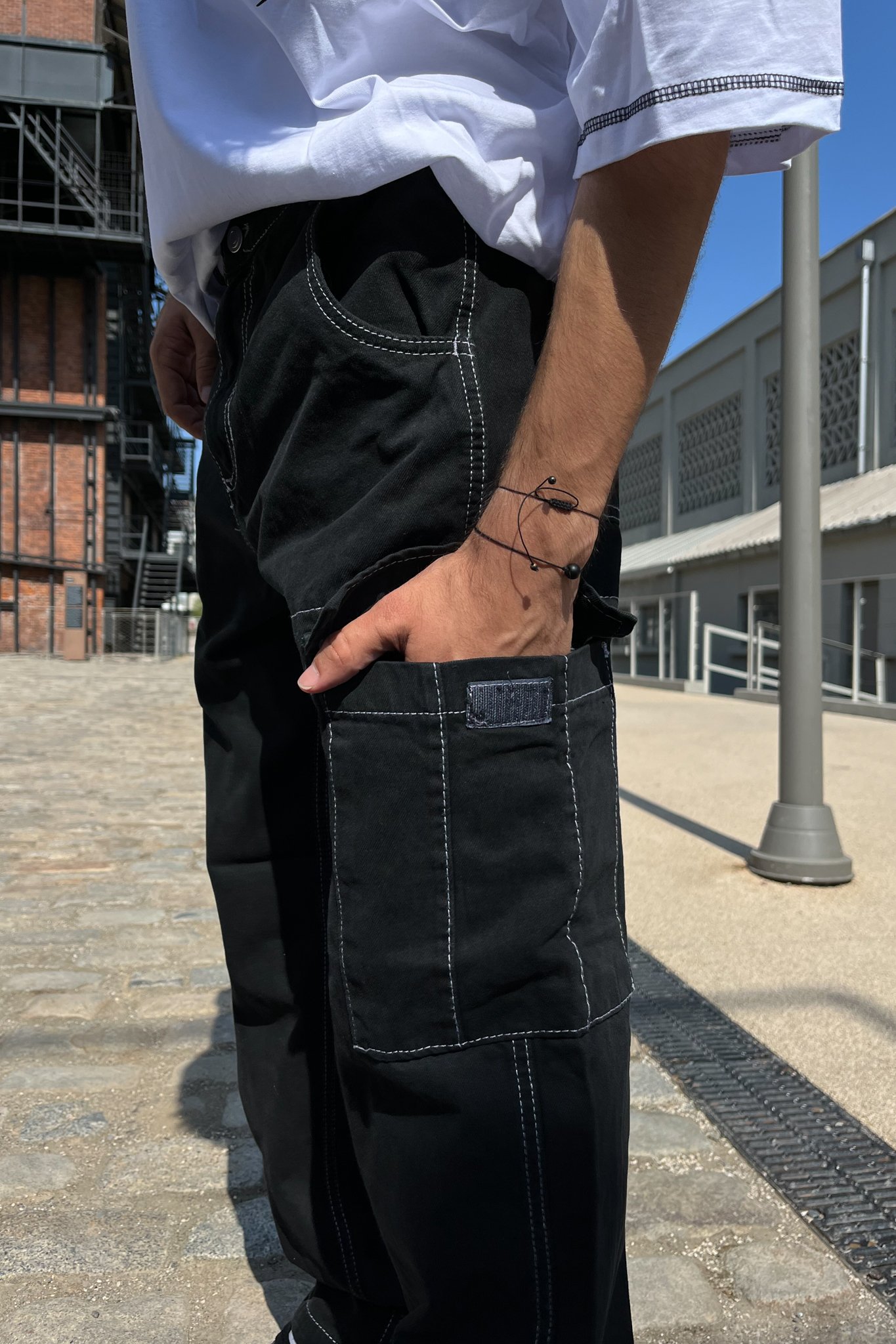 Ters Dikiş Siyah Kargo Jean Pantolon
