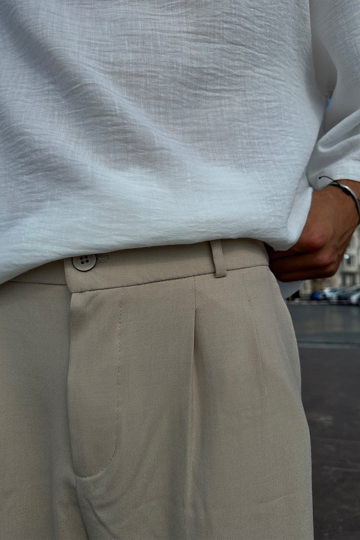 Basic Krem Kumaş Baggy Pantolon