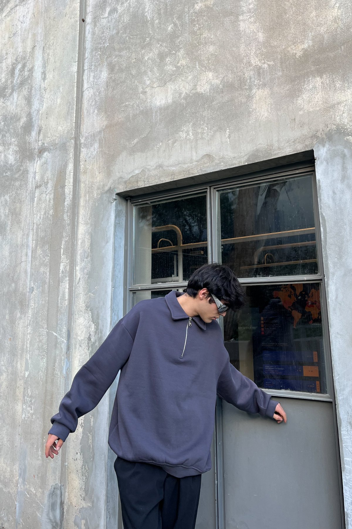 Basic Polo Yaka Füme Fermuarlı Sweatshirt