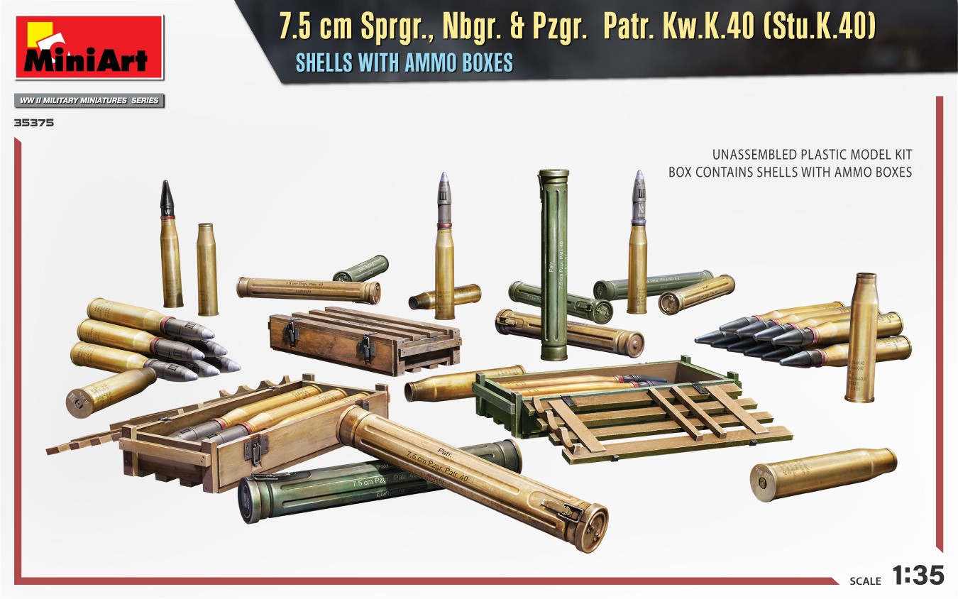 MiniArt 35375 1:35 7.5 cm Sprgr., Nbgr. & Pzgr.  Patr. Kw.K.40 (Stu.K.40)  Mermiler ve Cephane Kutuları
