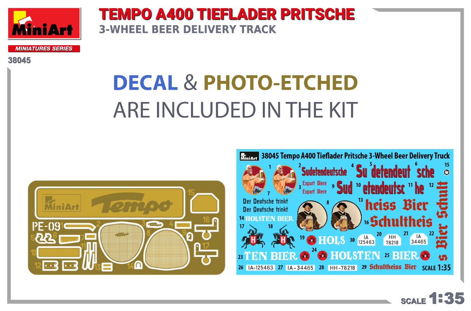 MiniArt 38045 1:35 1:35 Tempo A400 Tieflader Pritsche 3 Tekerlekli Bira Teslim Kamyonu