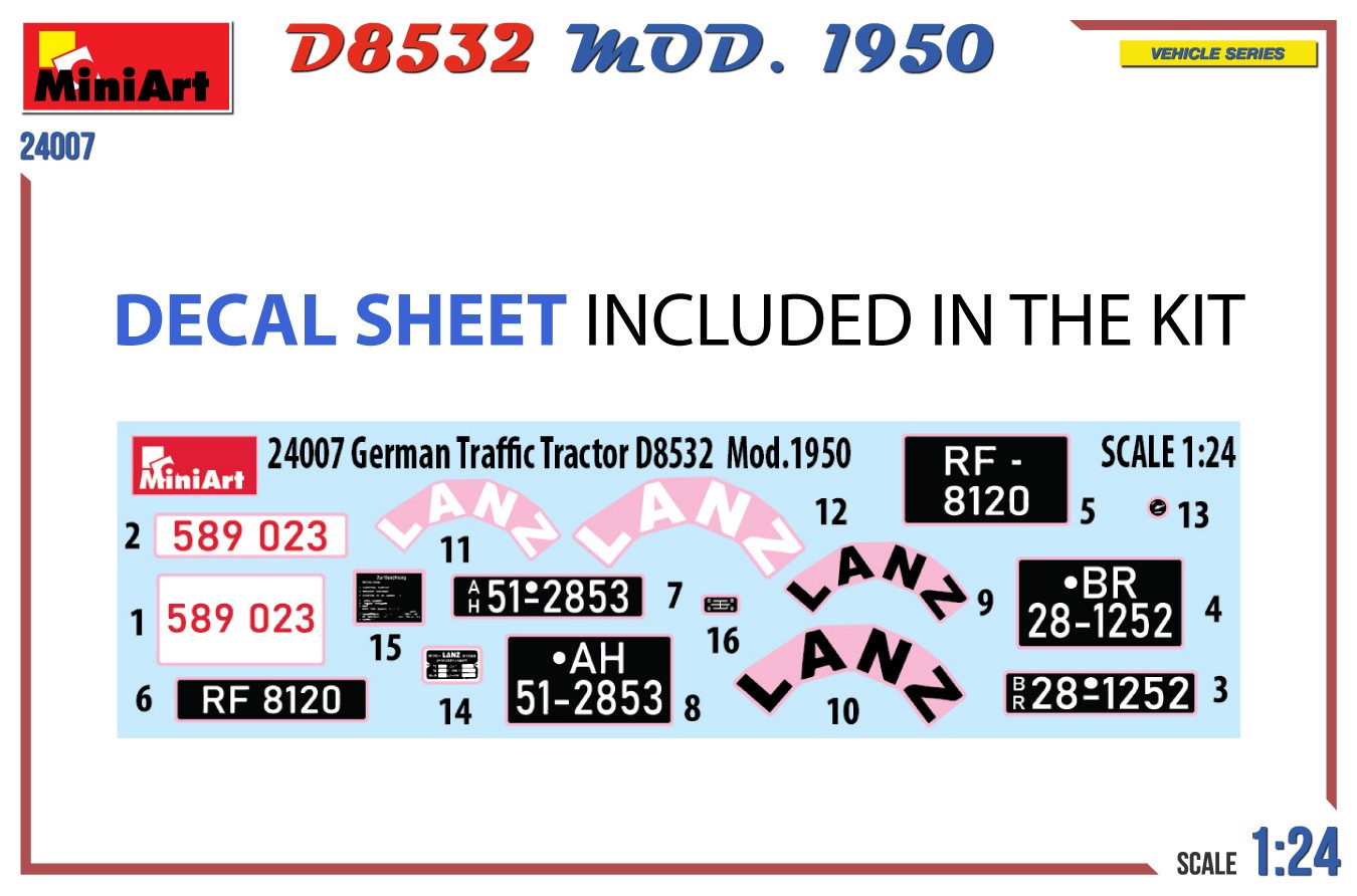 MiniArt 24007 1:24 Alman Trafik Traktörü D8532 1950 Model