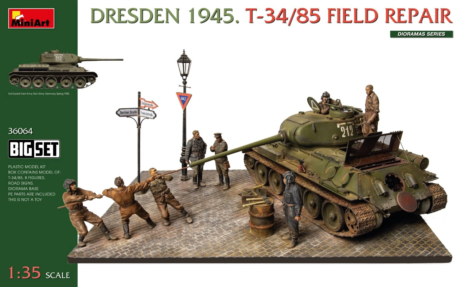 MiniArt 36064 1:35 Dresden 1945. T-34/85 Sahada Onarım Büyük Set Maketi