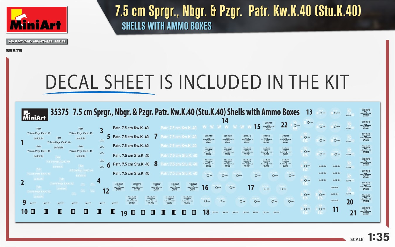 MiniArt 35375 1:35 7.5 cm Sprgr., Nbgr. & Pzgr.  Patr. Kw.K.40 (Stu.K.40)  Mermiler ve Cephane Kutuları