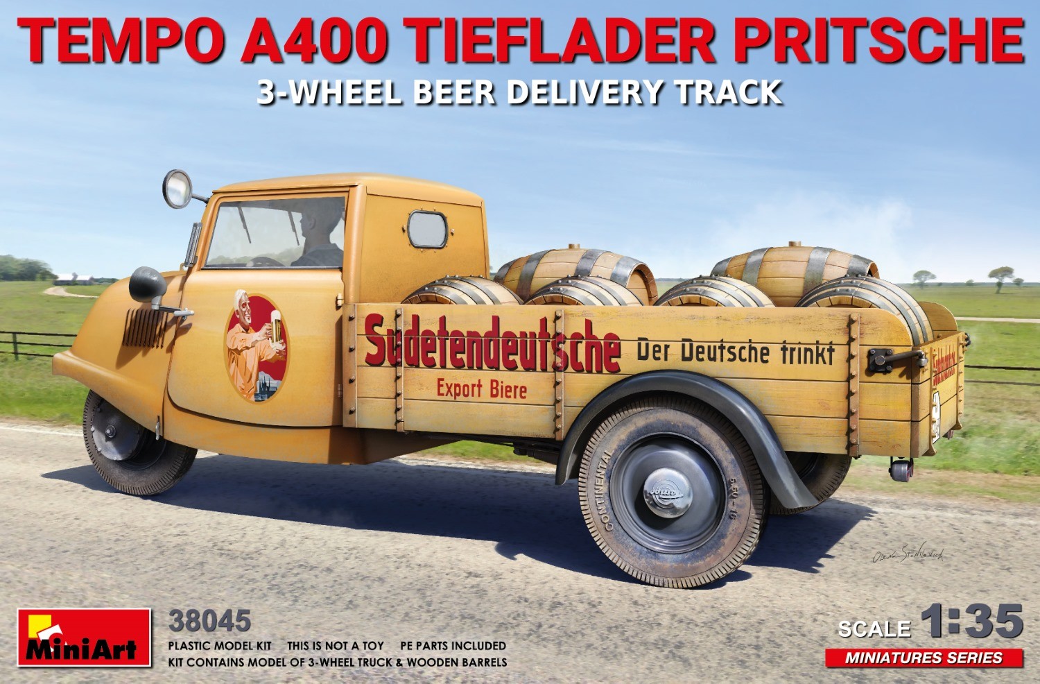MiniArt 38045 1:35 1:35 Tempo A400 Tieflader Pritsche 3 Tekerlekli Bira Teslim Kamyonu