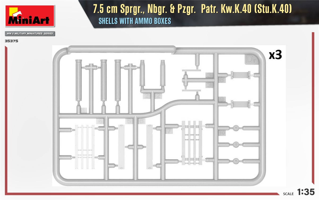 MiniArt 35375 1:35 7.5 cm Sprgr., Nbgr. & Pzgr.  Patr. Kw.K.40 (Stu.K.40)  Mermiler ve Cephane Kutuları