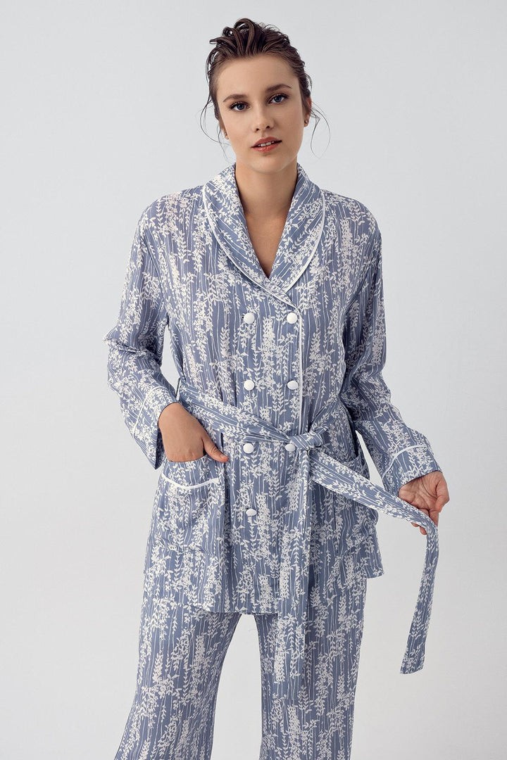 Desenli Düğmeli Uzun Kollu Kimono Esnek Viskoz Pijama Takımı