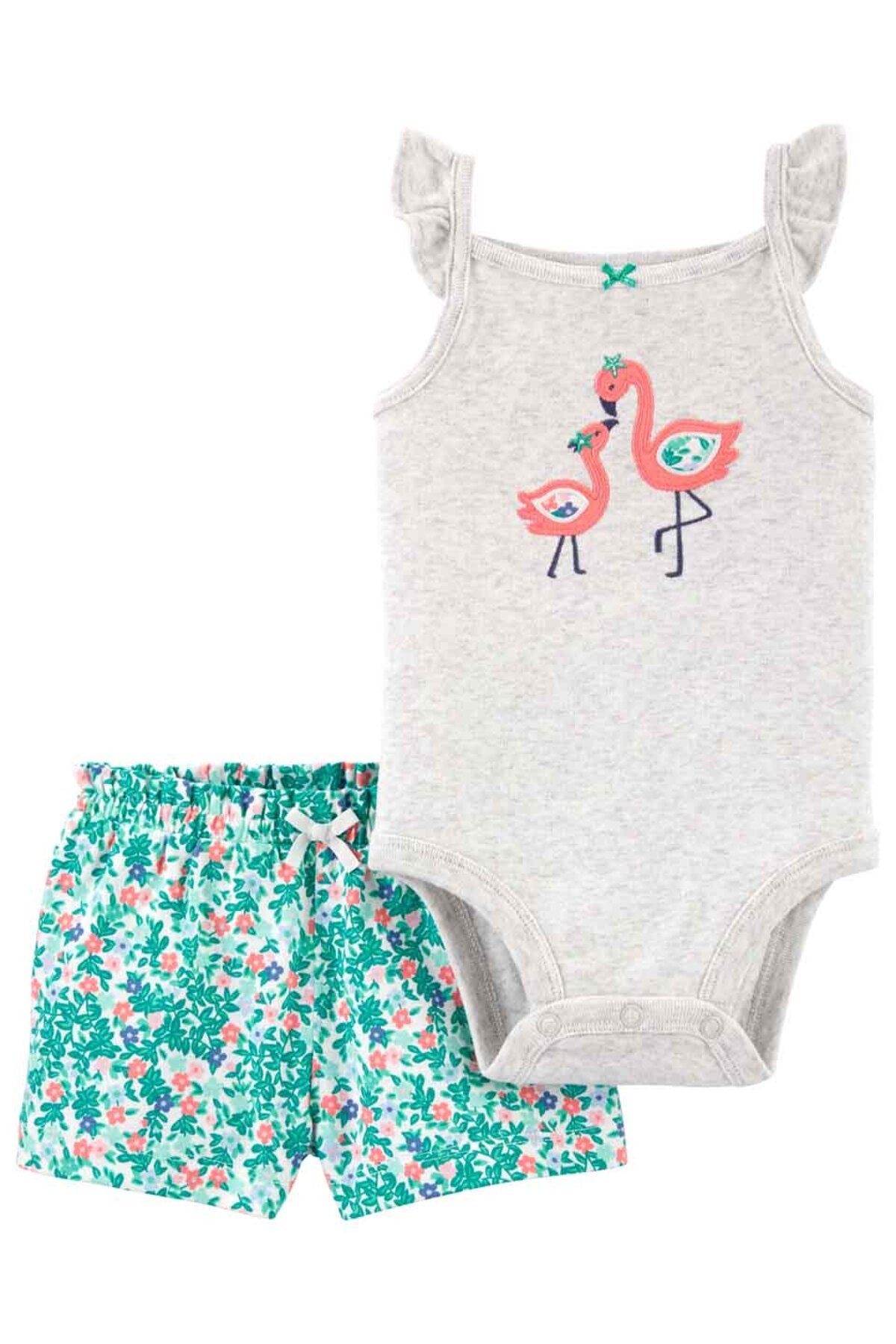 Kız Bebek 2 li Gri Flamingo Desenli Set