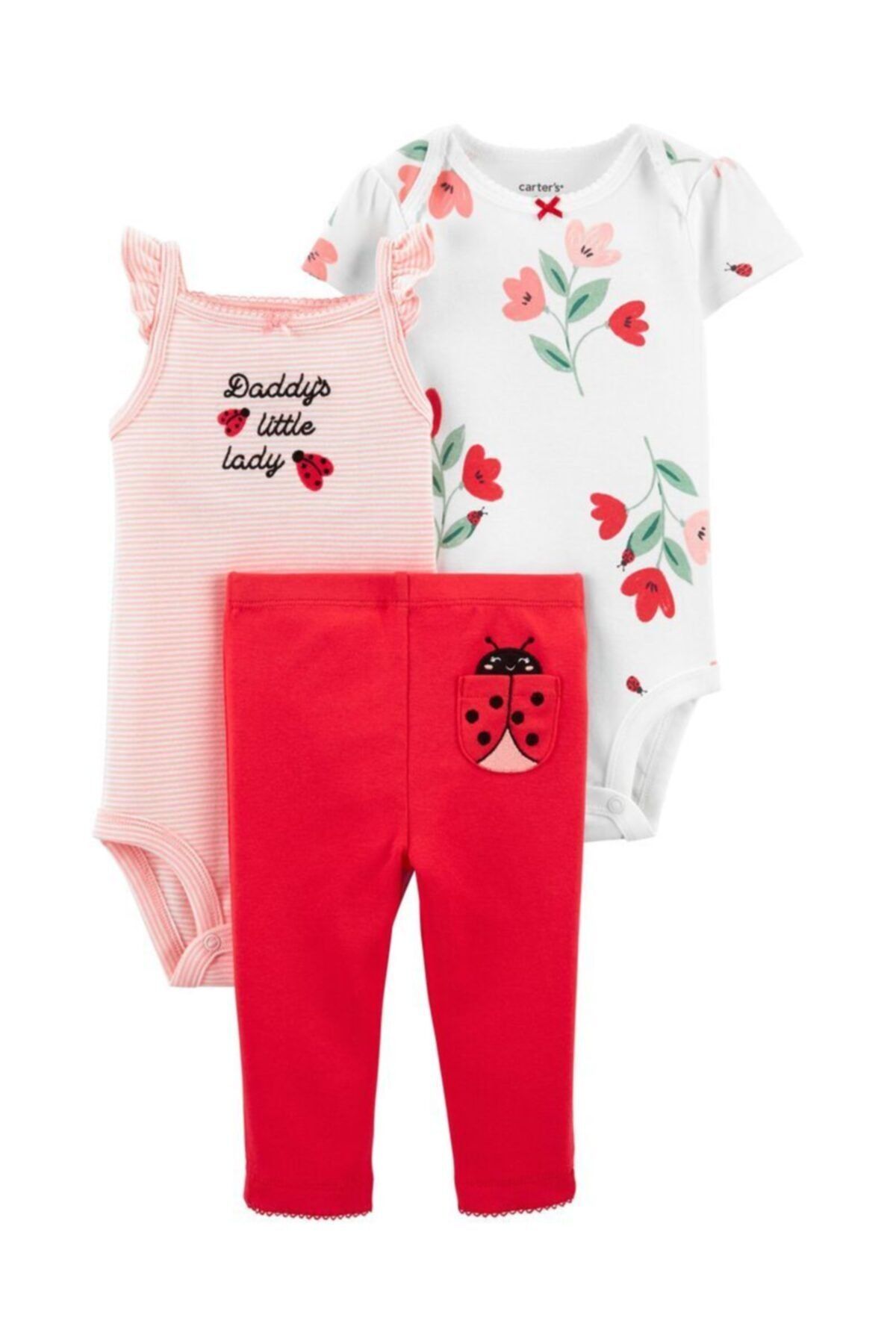 Kız Bebek 3 lü Uğur Böceği Desenli Set - Kırmızı