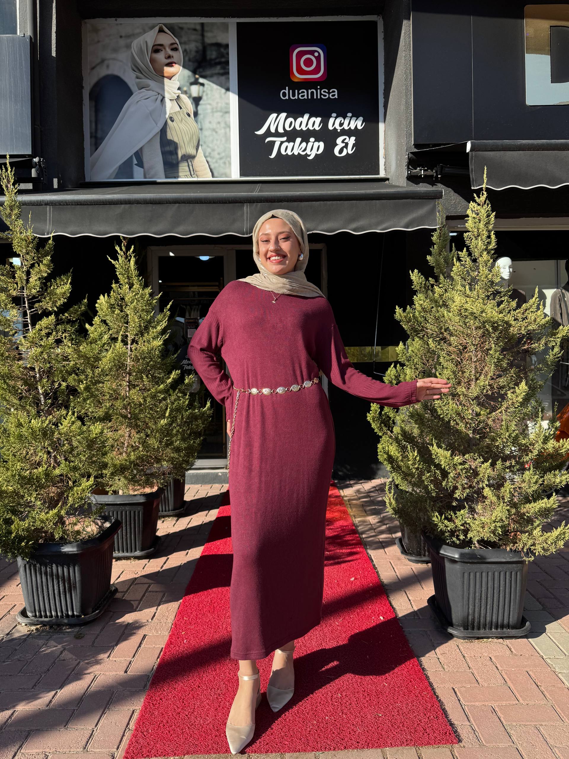 Ceremony Balıkçı Yaka Kemer Aksesuarlı Triko Elbise W-6716 - Bordo