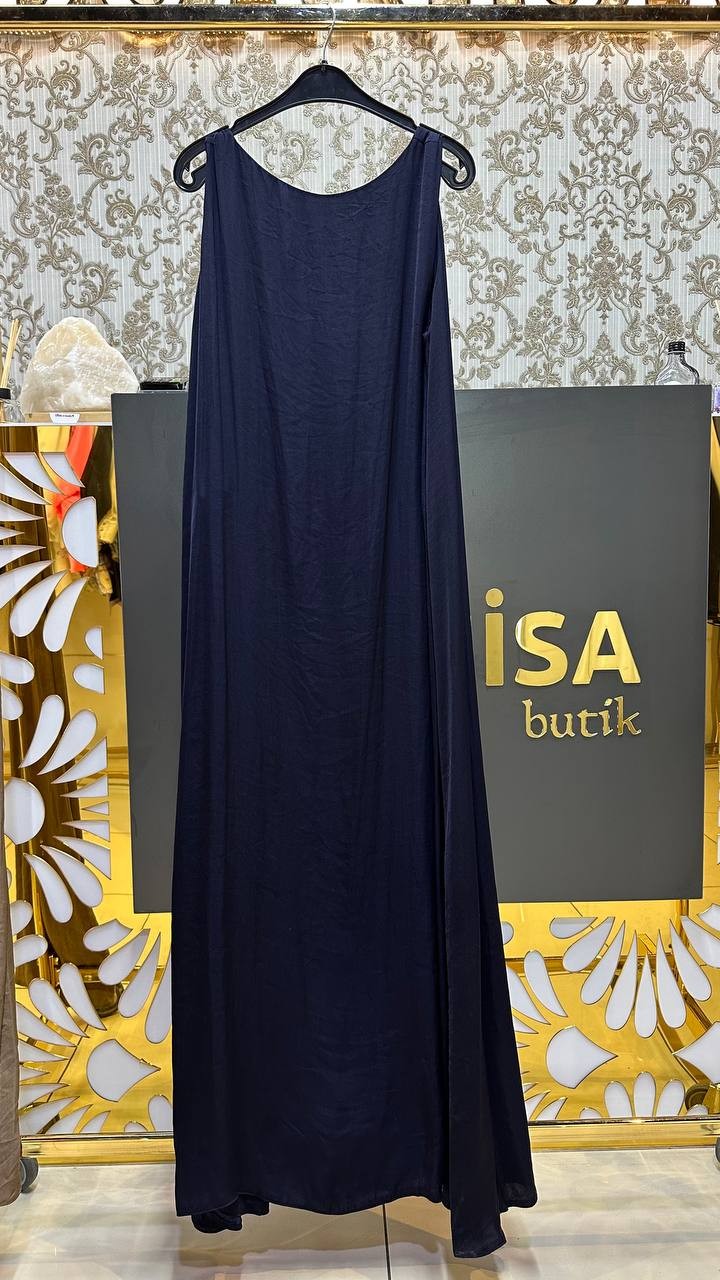 Ceremony Arkası V Yaka Detaylı Memoli Cupra Uzun Elbise S-5748 - Lacivert