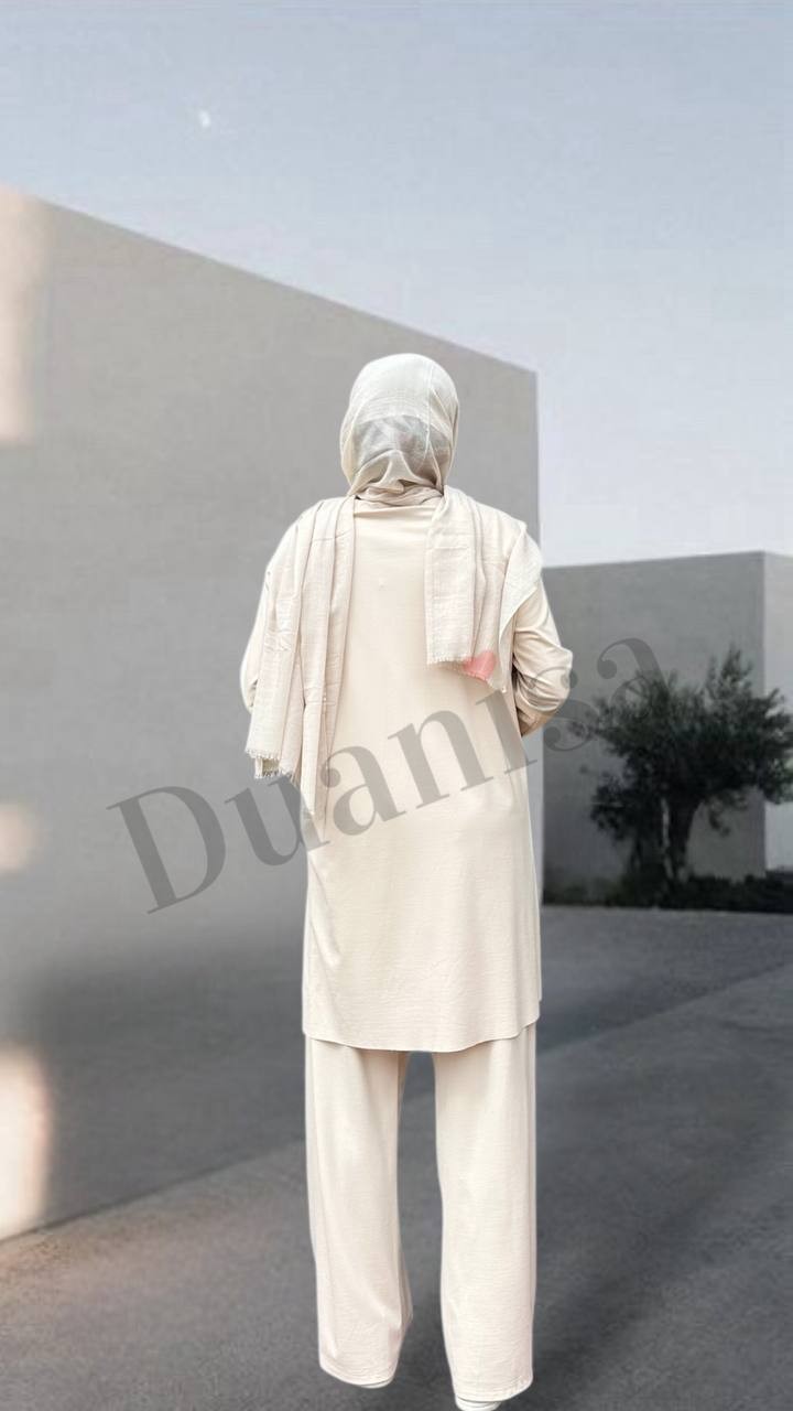 Ceremony Tuniği Büzgü İp Ve Dubai Detay Bol Paça Pantolon Takım Bej S-5920