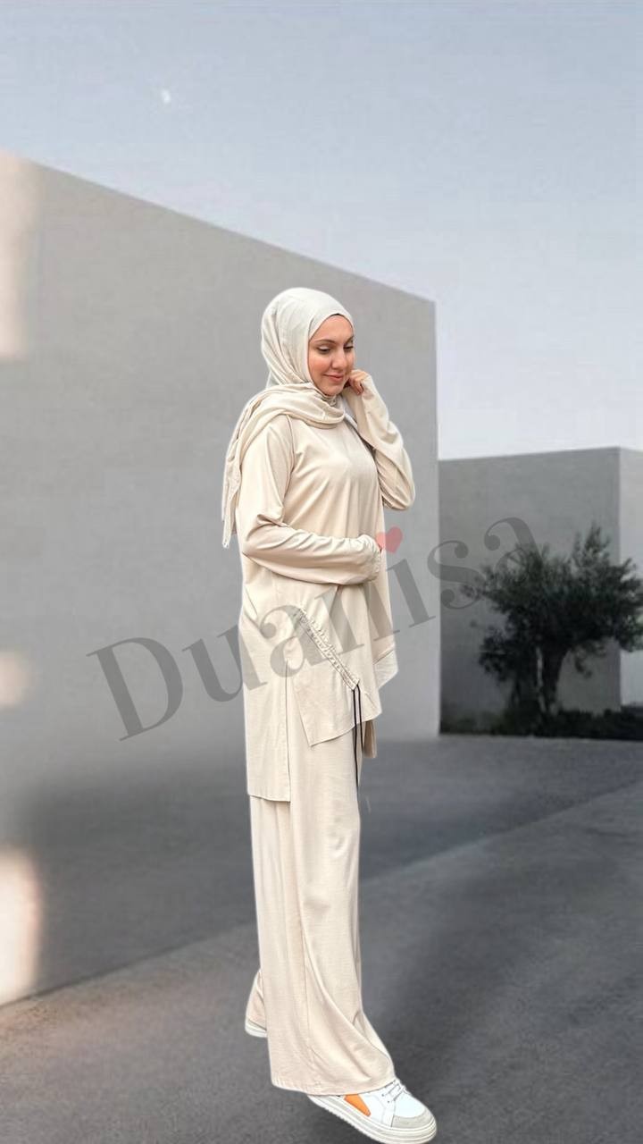 Ceremony Tuniği Büzgü İp Ve Dubai Detay Bol Paça Pantolon Takım Bej S-5920