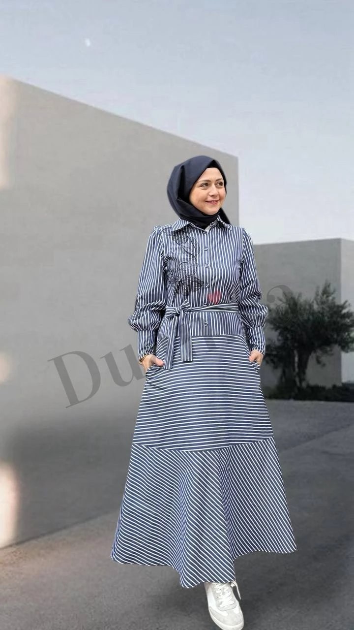 Beys Design Nakışlı Çizgili Poplin Elbise Lacivert 25SS76016