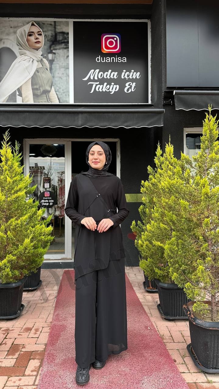 Ceremony Tuniğinin Önü Yarım Şifon Pantolunu Şifon Yırtmaç Sandy Takım S-59104 - Siyah