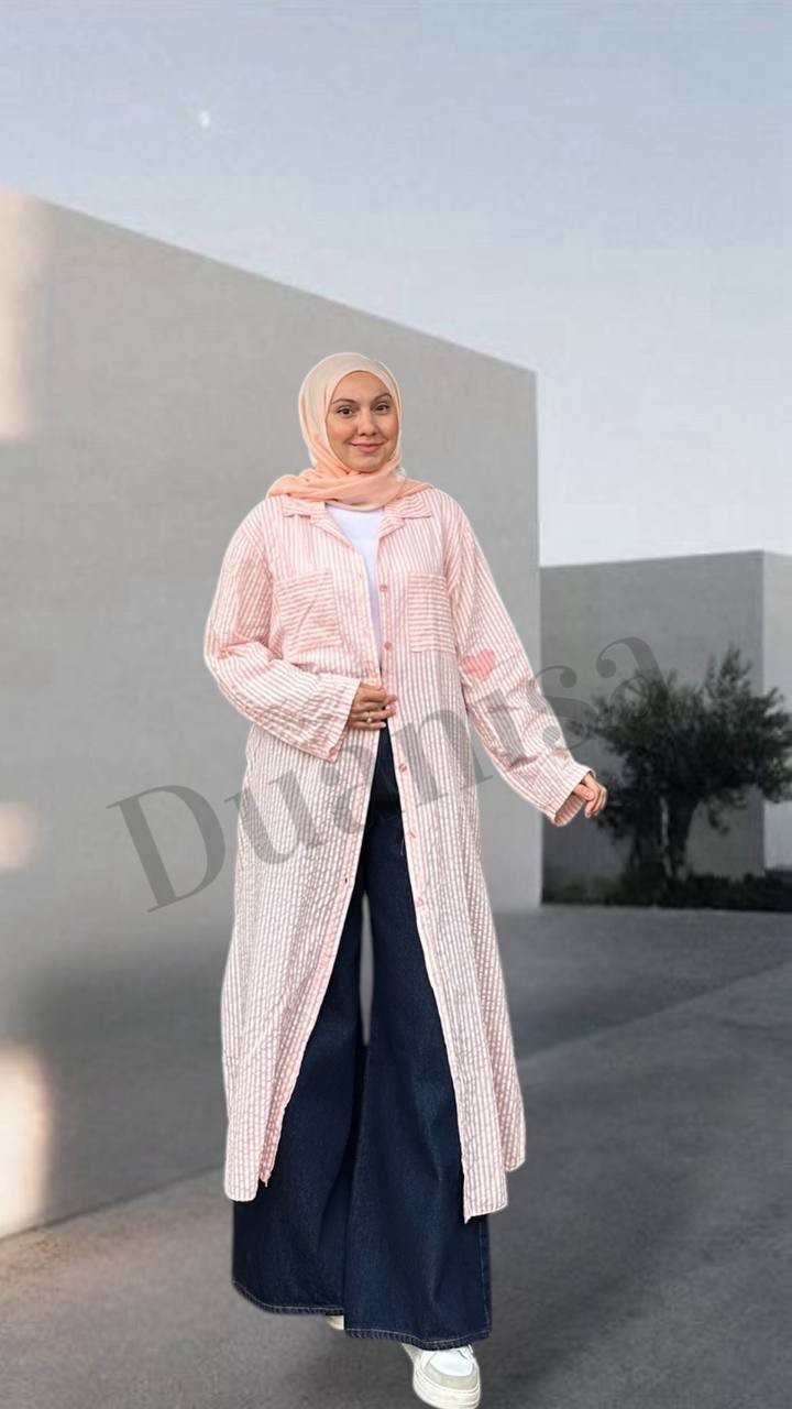 İthal Çizgili Uzun Gömlek  - Pembe