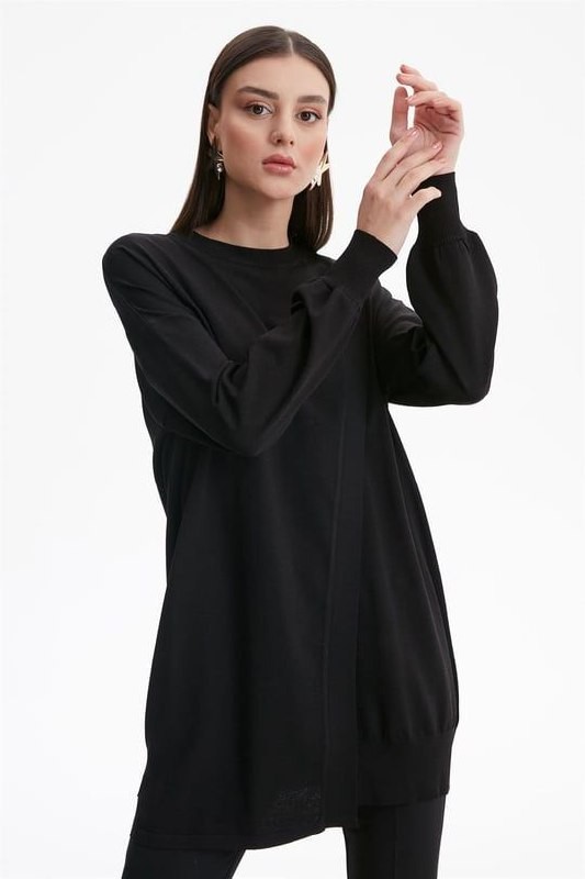 Tığ Triko- Sıfır Yaka Kruvaze Yaka Rayon Tunik- Siyah