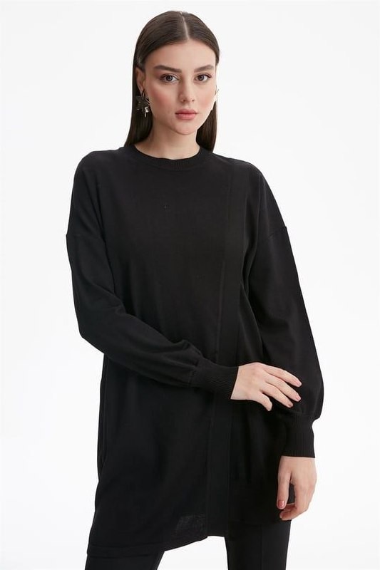 Tığ Triko- Sıfır Yaka Kruvaze Yaka Rayon Tunik- Siyah