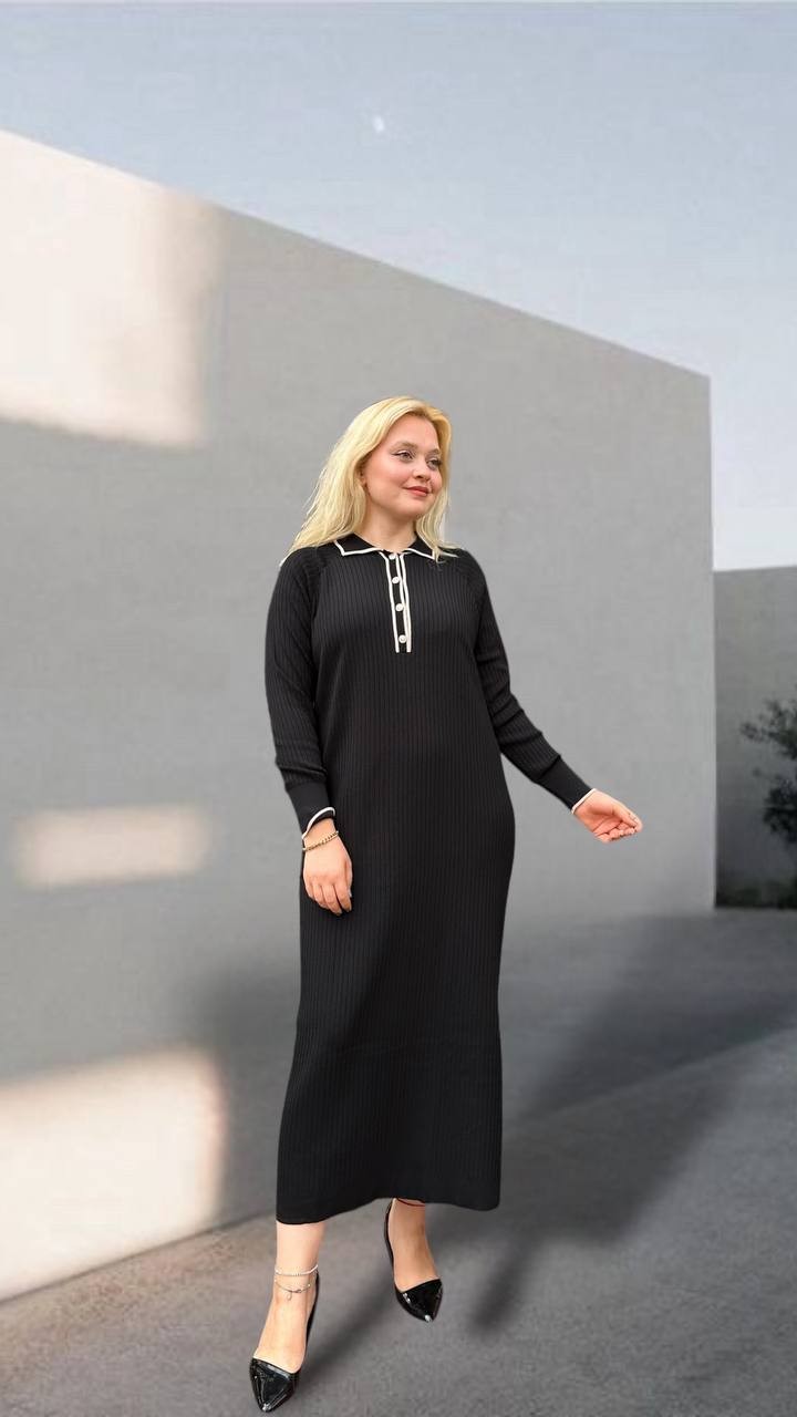 Nuss Polo Yaka Triko Elbise 24Y-1410 - Siyah