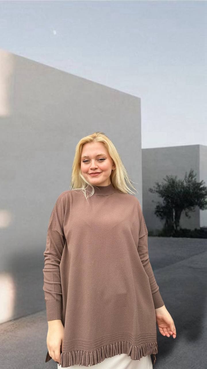 Ghisa Eteği Püsküllü Triko Tunik 5KPİTNK4594 - Kahve