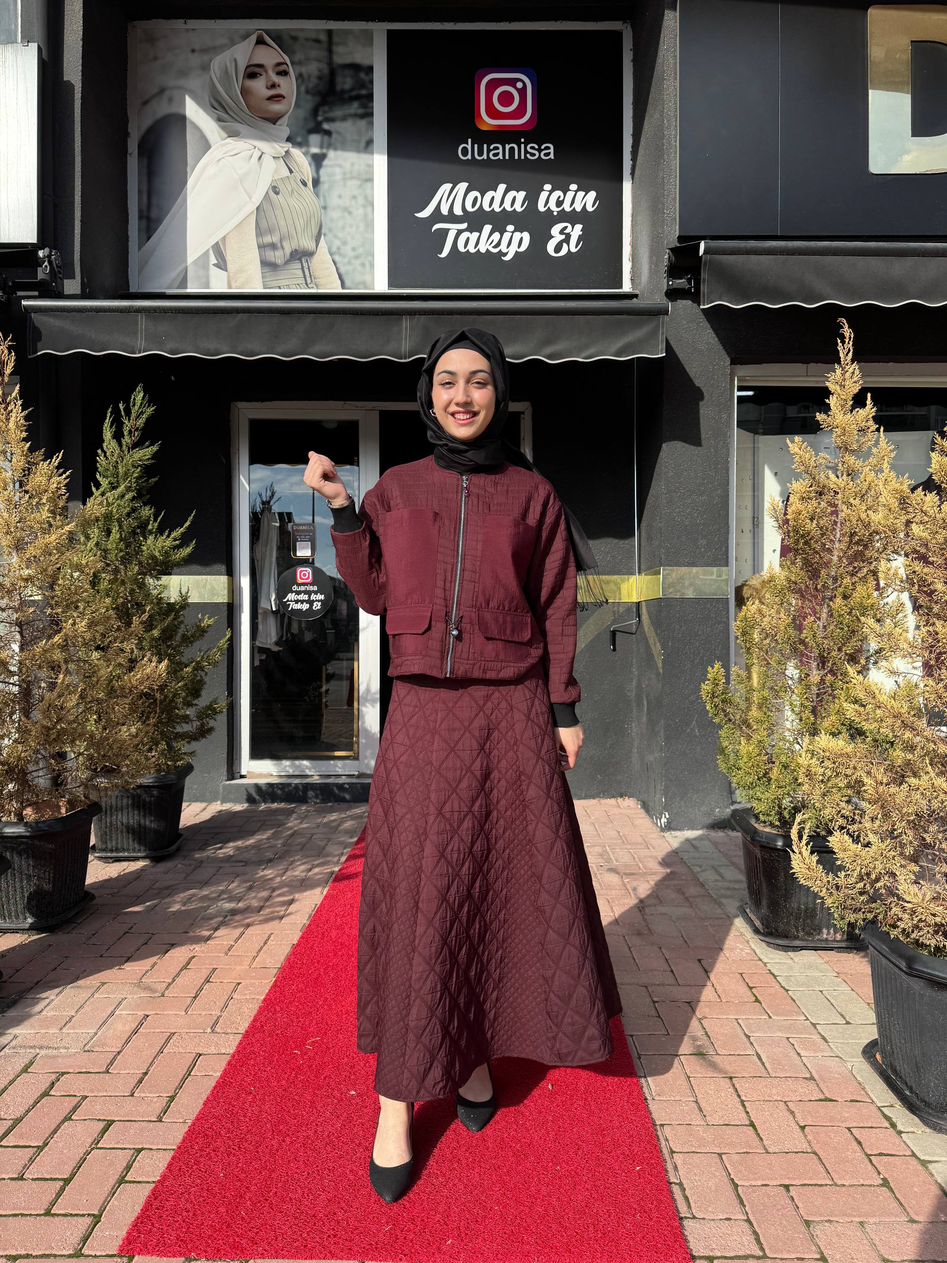 Ceremony Önü Fermuarlı Ceket Ve Etekli Baklava Kapitone Takım W-6934 - Bordo