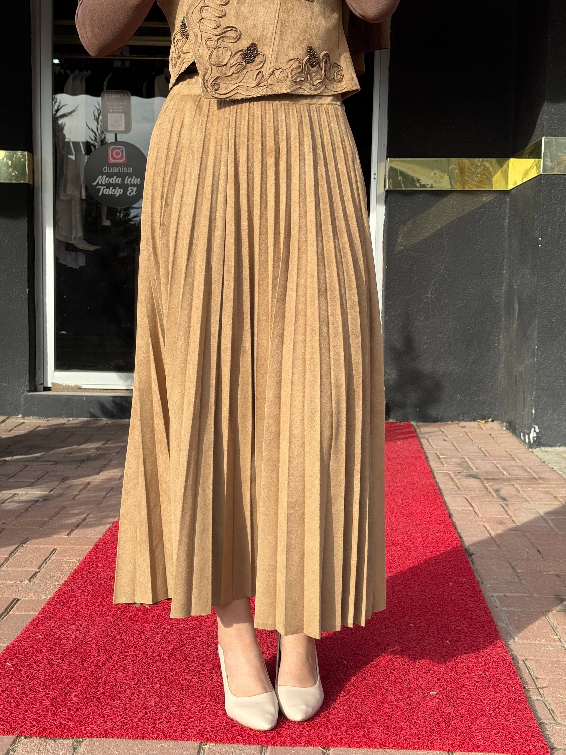 Ceremony İnce Plisoley Süet Etek W-6622 - Camel