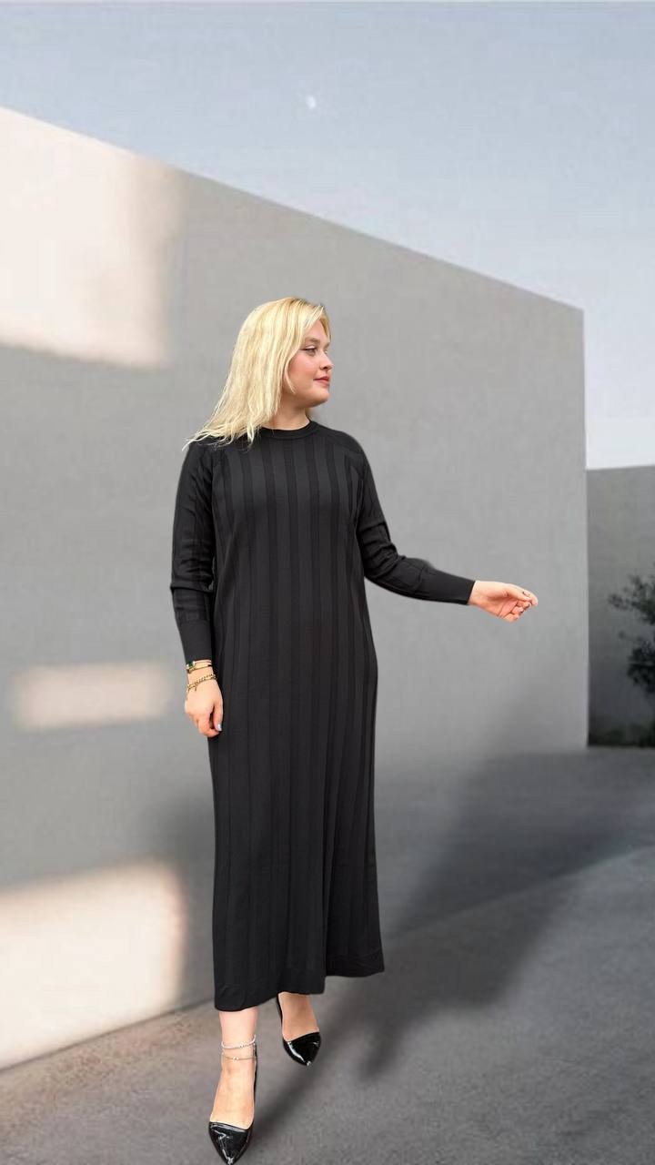 Nuss Kalın Çizgili Triko Elbise 24Y - 1401 - Siyah