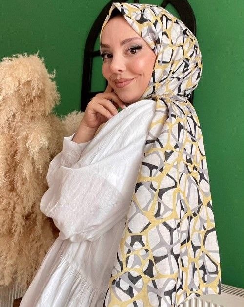 Siyane - Ağ Desenli Şal - Siyah-Soft Sarı