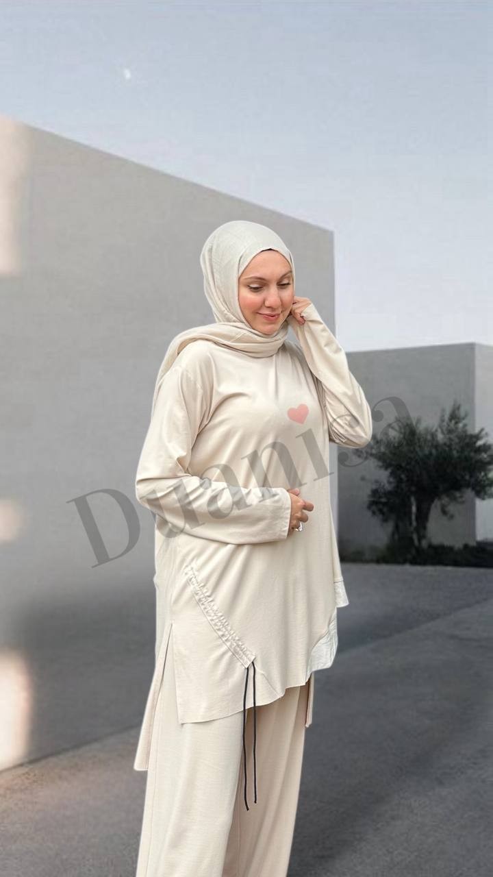 Ceremony Tuniği Büzgü İp Ve Dubai Detay Bol Paça Pantolon Takım Bej S-5920