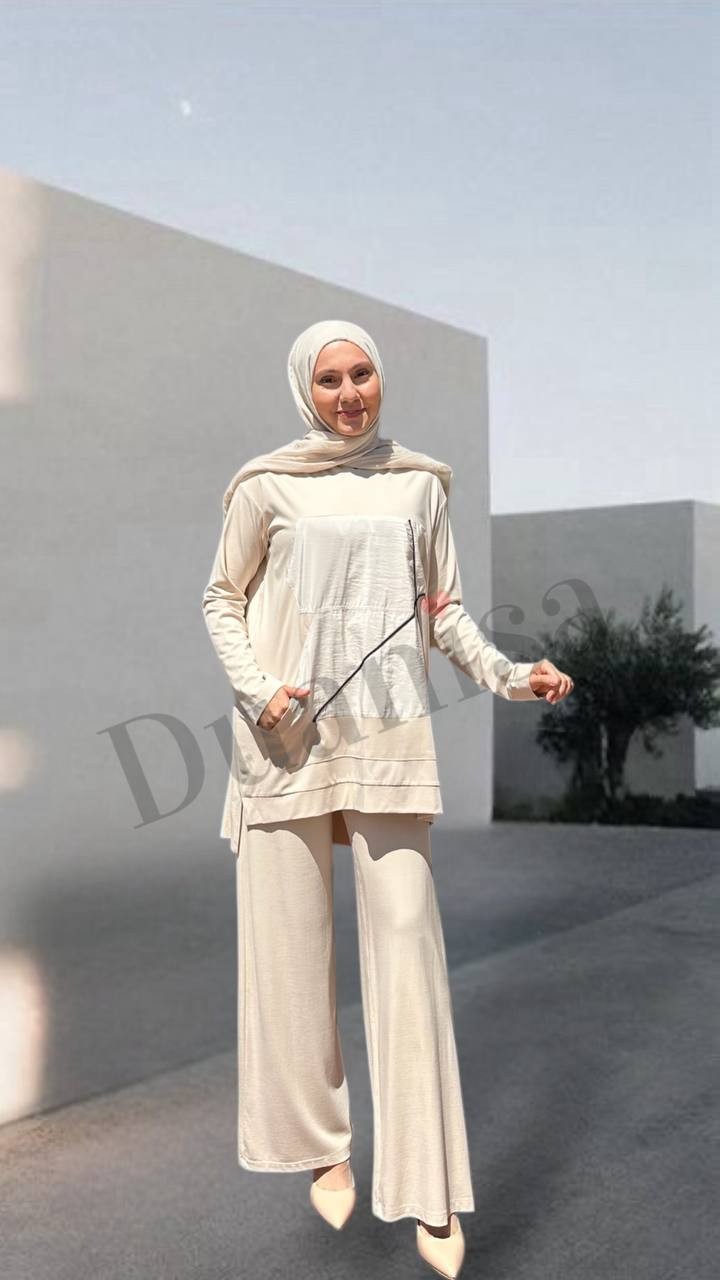 Ceremony Tuniğinin Önü Dubai Ve İp Detay Kapüşonlu Bambu Takım Bej S-5932