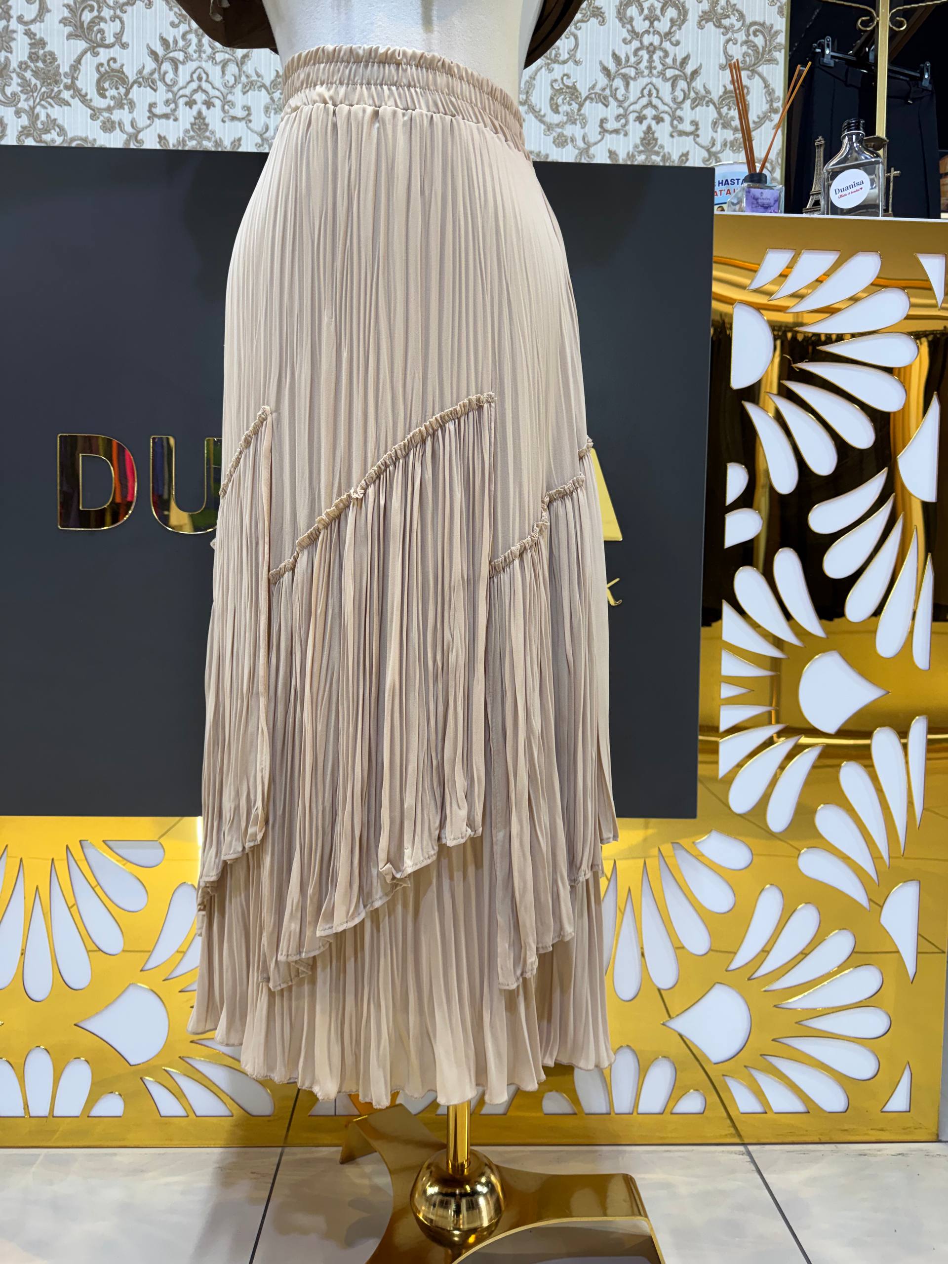 Sentez Viola Parçalı Kırıştırma Etek SZ-5475 - Bej