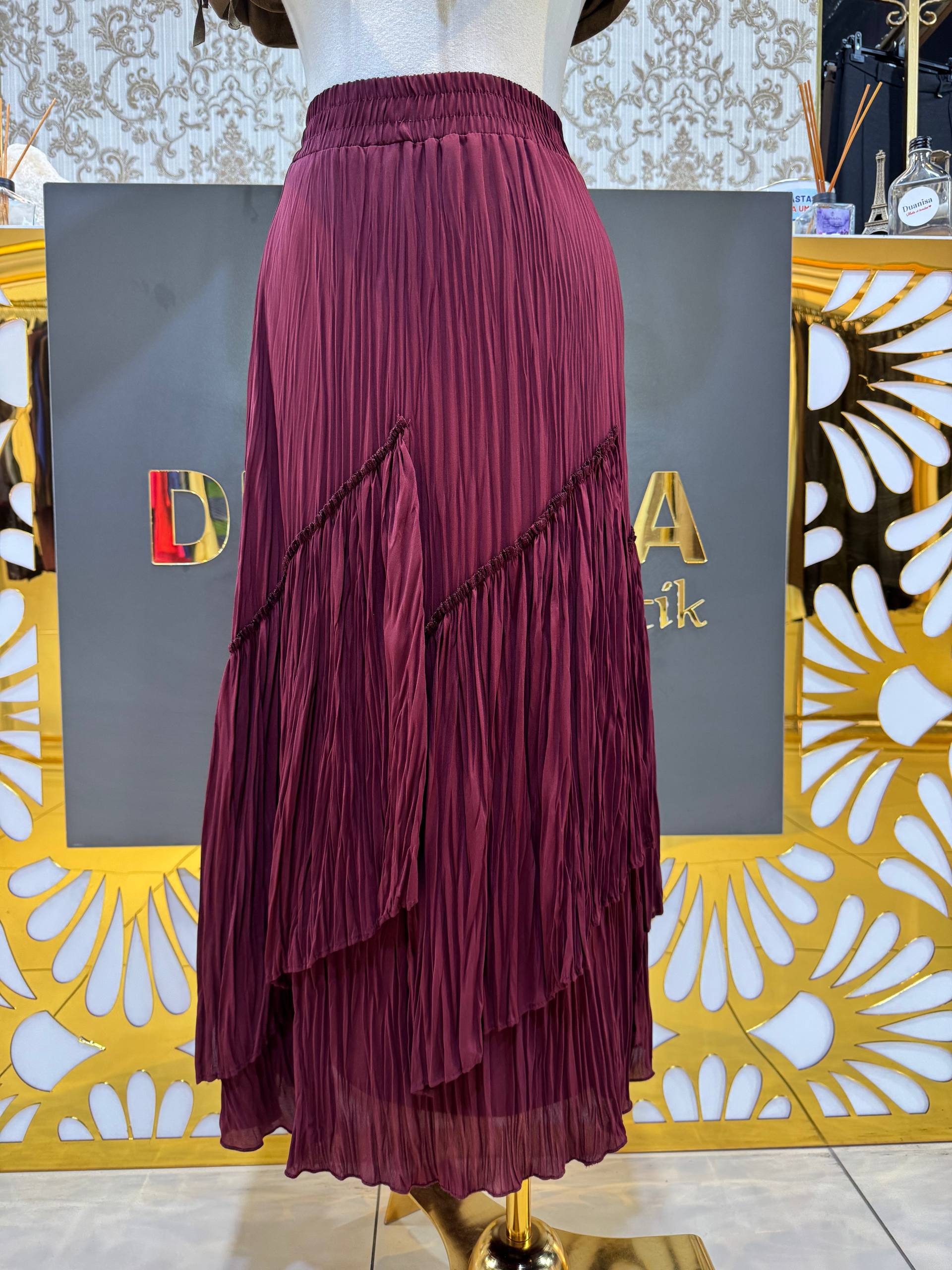 Sentez Viola Parçalı Kırıştırma Etek SZ-5475 - Bordo