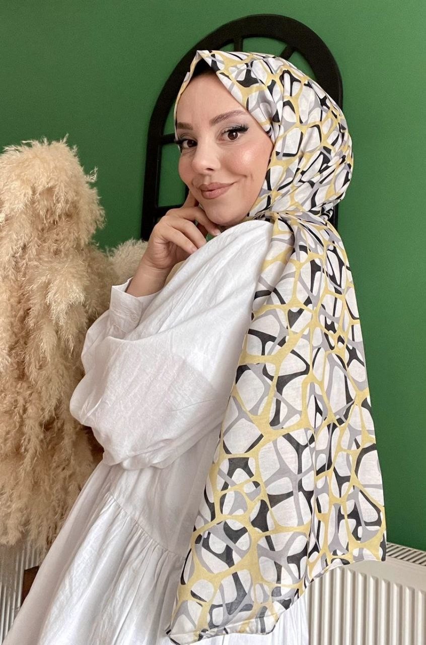 Siyane - Ağ Desenli Şal - Siyah-Soft Sarı