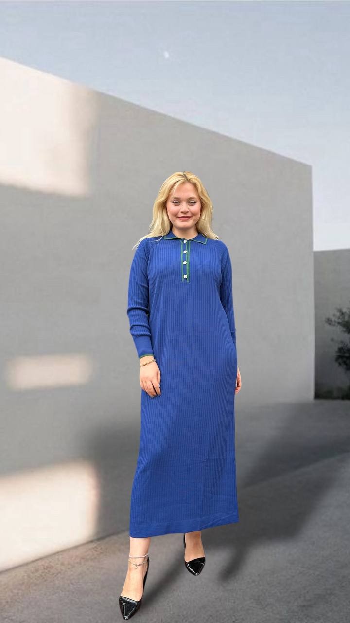 Nuss Polo Yaka Triko Elbise 24Y-1410 - İndigo