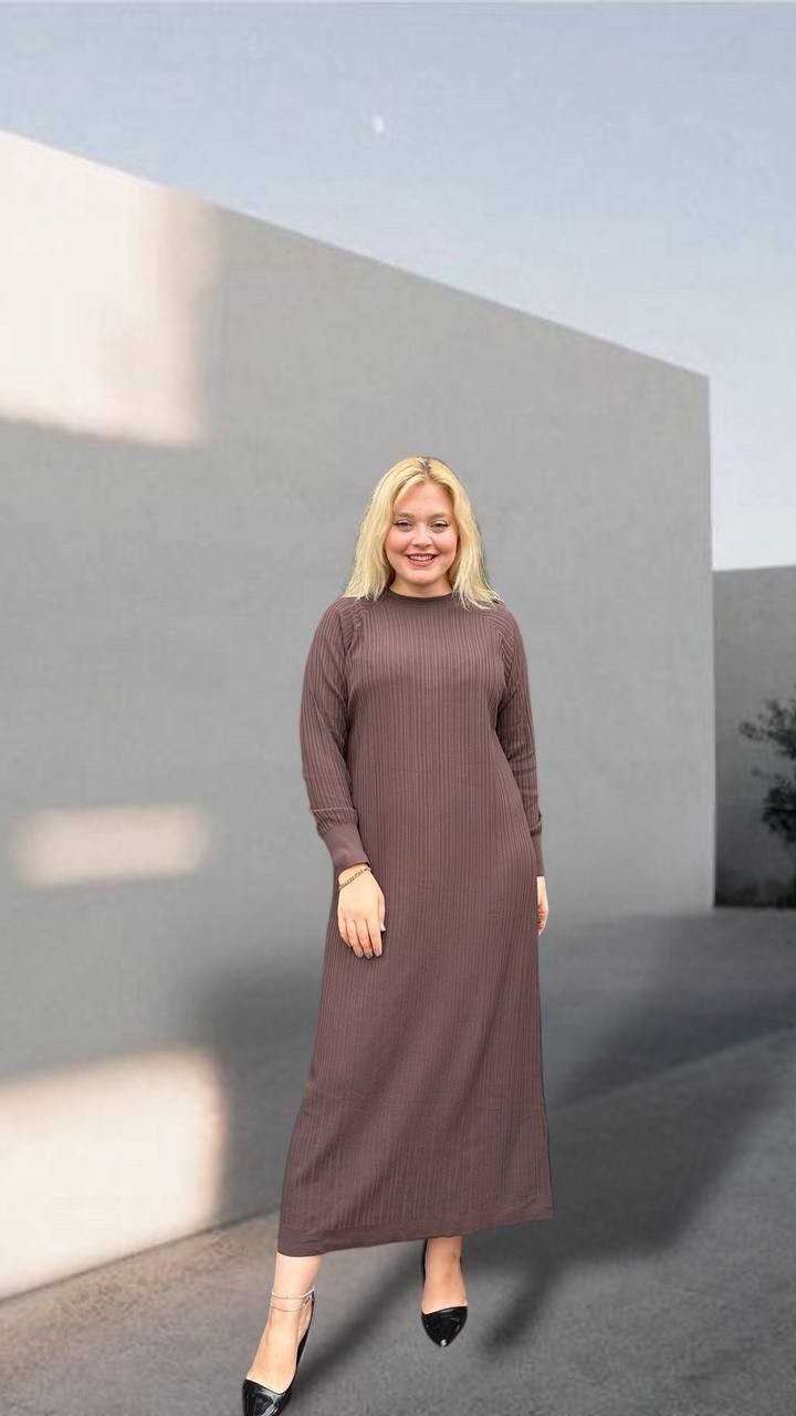 Nuss İnce Çizgili Triko Elbise 24Y-400 - Kahve