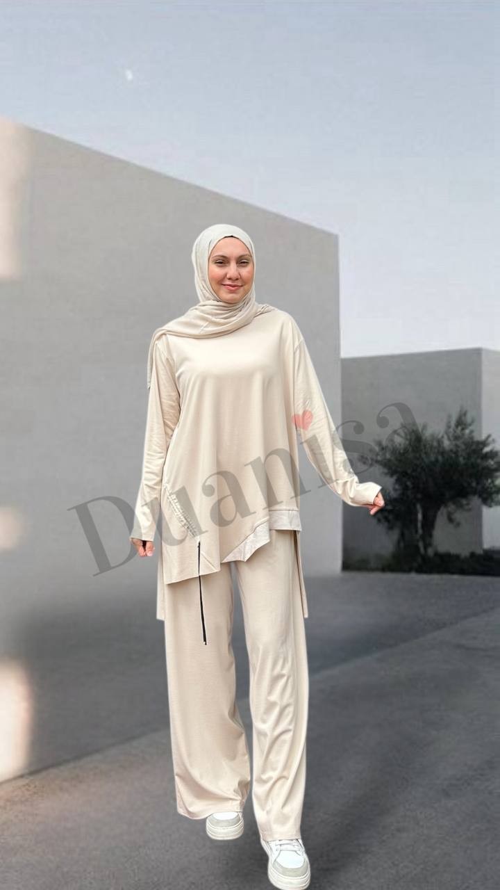 Ceremony Tuniği Büzgü İp Ve Dubai Detay Bol Paça Pantolon Takım Bej S-5920