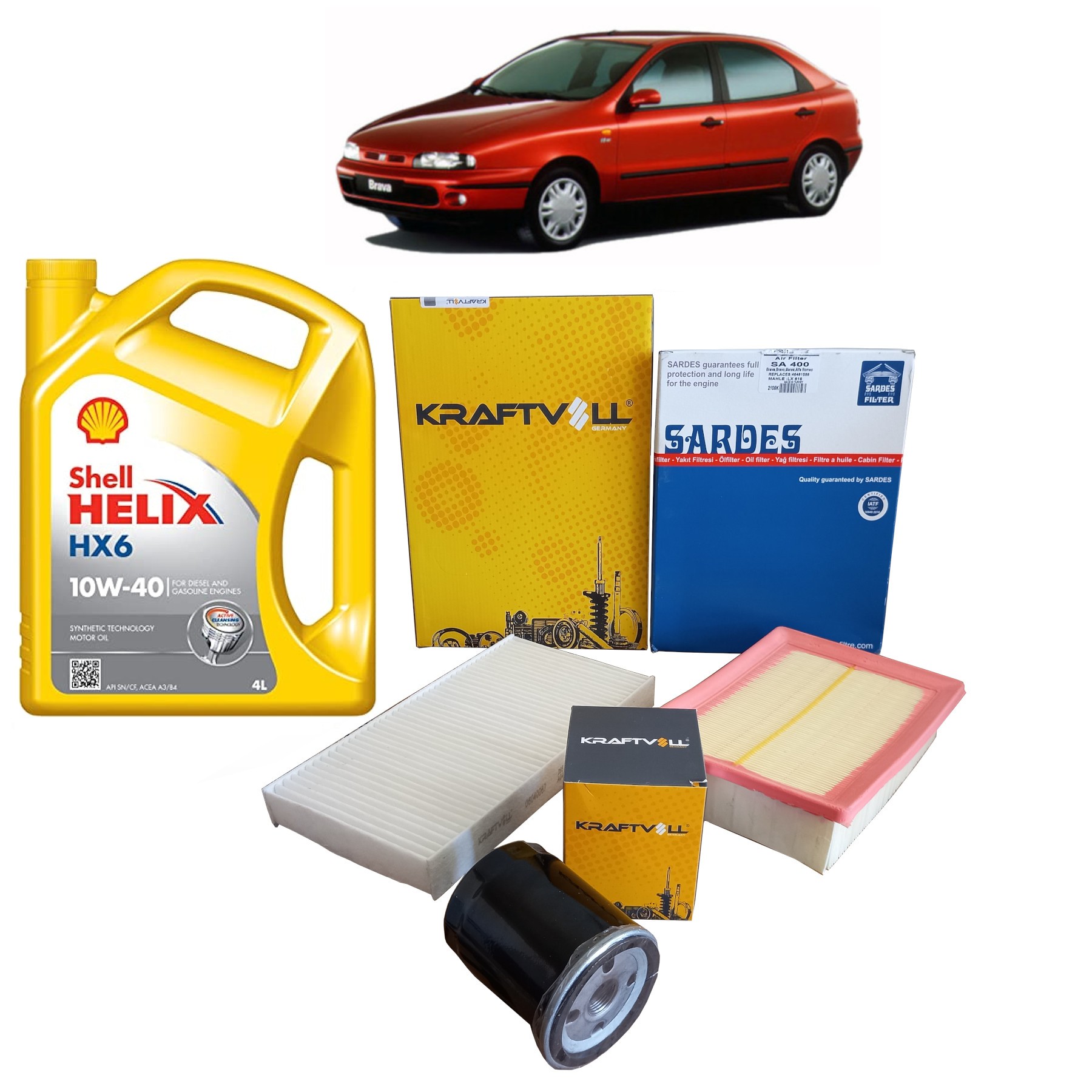 FİAT BRAVA 1.6 BENZİNLİ PERİYODİK BAKIM SETİ HAVA + POLEN + YAĞ FİLTRESİ + 4 LİTRE SHELL HX6 10W 40
