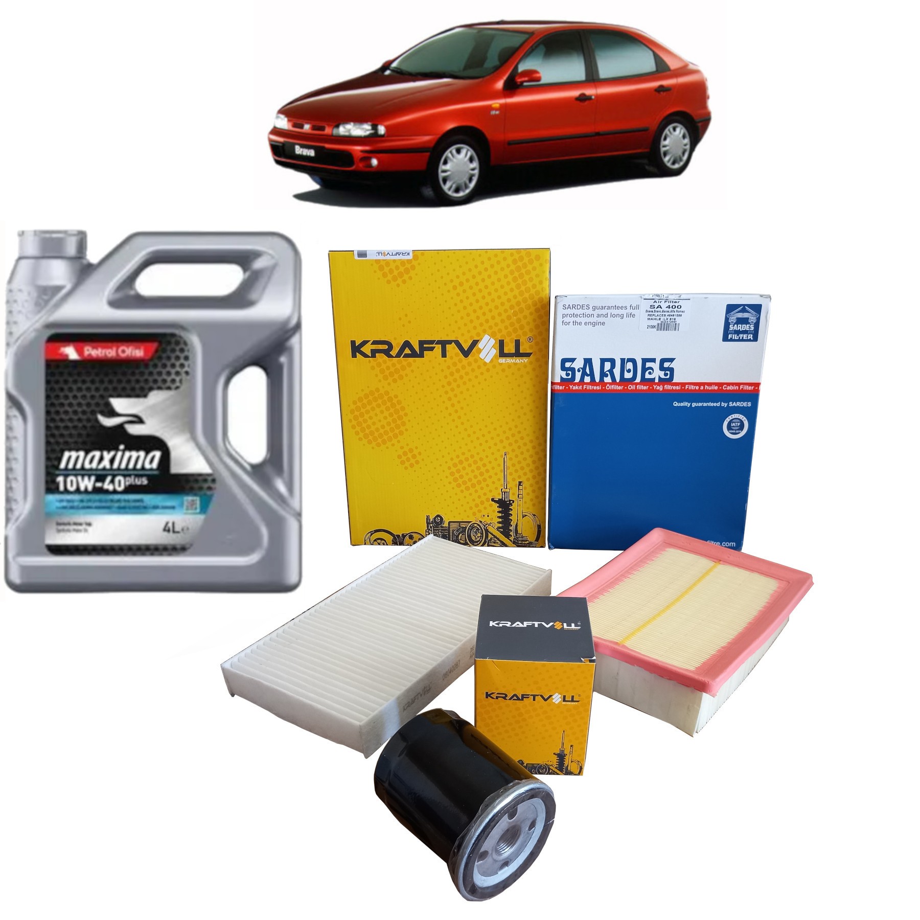 FİAT BRAVA 1.6 BENZİNLİ PERİYODİK BAKIM SETİ HAVA + POLEN + YAĞ FİLTRESİ + 4 LİTRE PETROL OFİSİ 10W 40