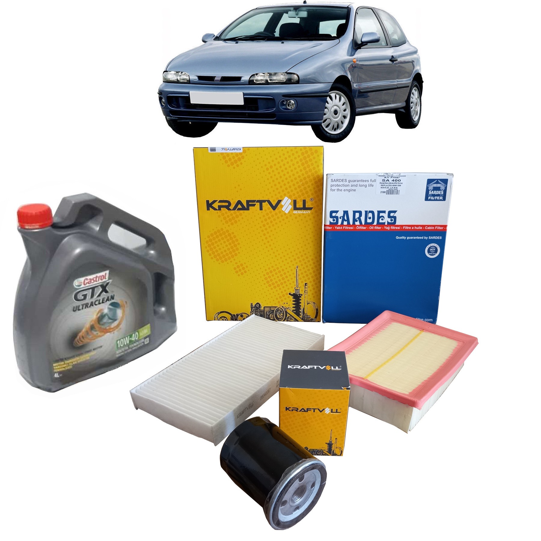 1998-2004 FİAT BRAV0 1.6 BENZİNLİ PERİYODİK BAKIM SETİ HAVA + POLEN + YAĞ FİLTRESİ + 4L. CASTROL GTX 10W 40