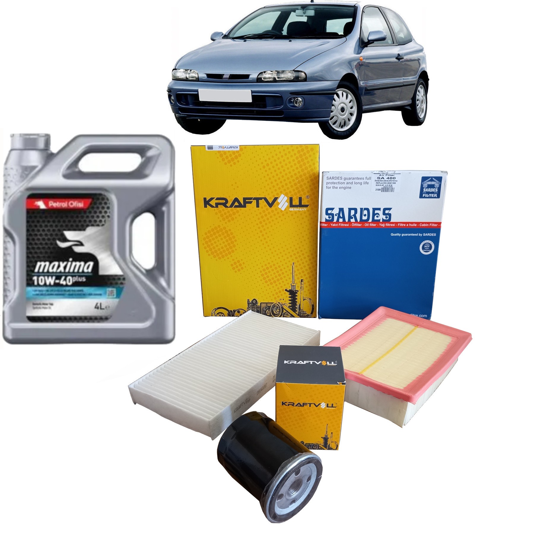 1998-2004 FİAT BRAVO 1.6 BENZİNLİ PERİYODİK BAKIM SETİ HAVA + POLEN + YAĞ FİLTRESİ + 4 LİTRE PETROL OFİSİ 10W 40