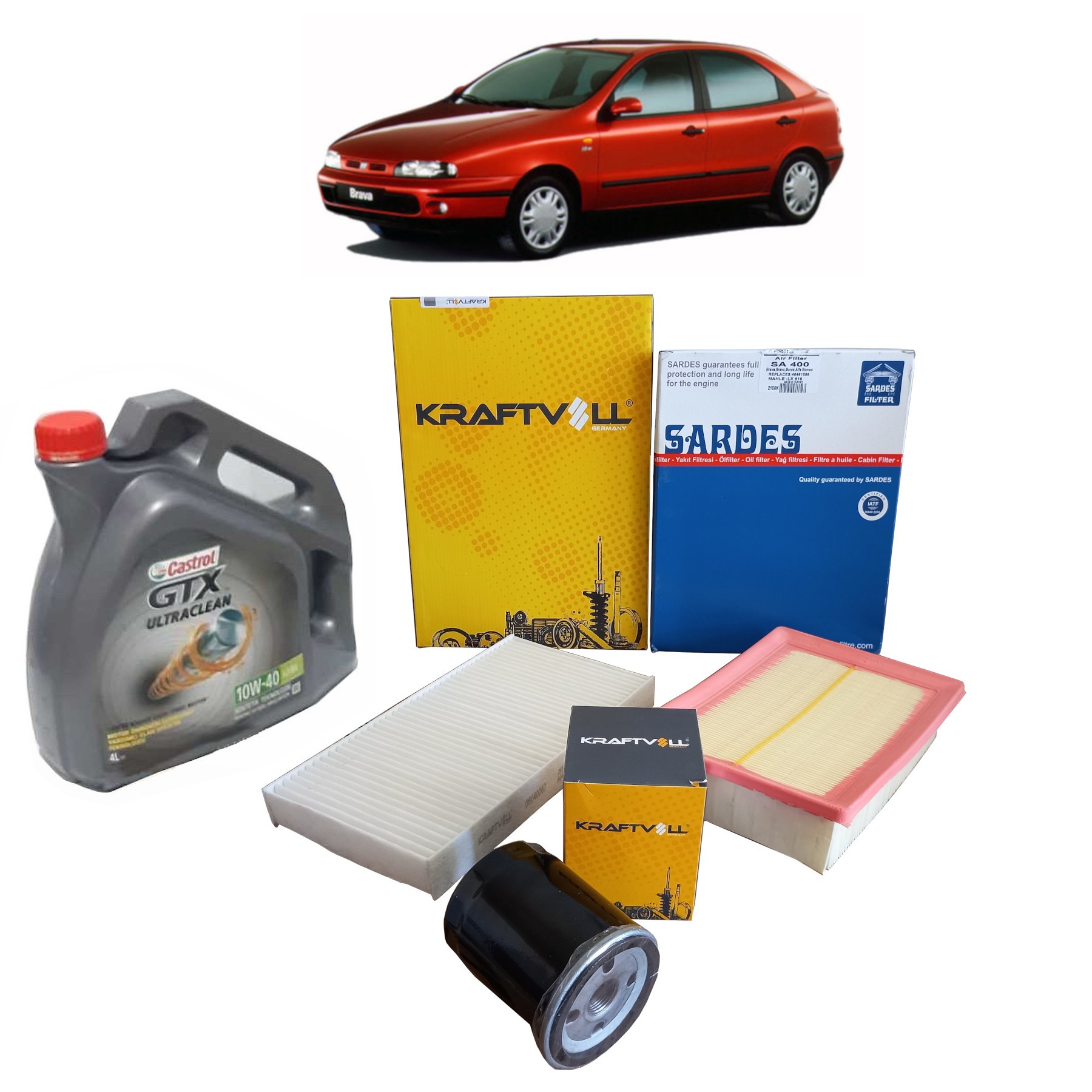 FİAT BRAVA 1.6 BENZİNLİ PERİYODİK BAKIM SETİ HAVA + POLEN + YAĞ FİLTRESİ + 4 LİTRE CASTROL GTX 10W 40